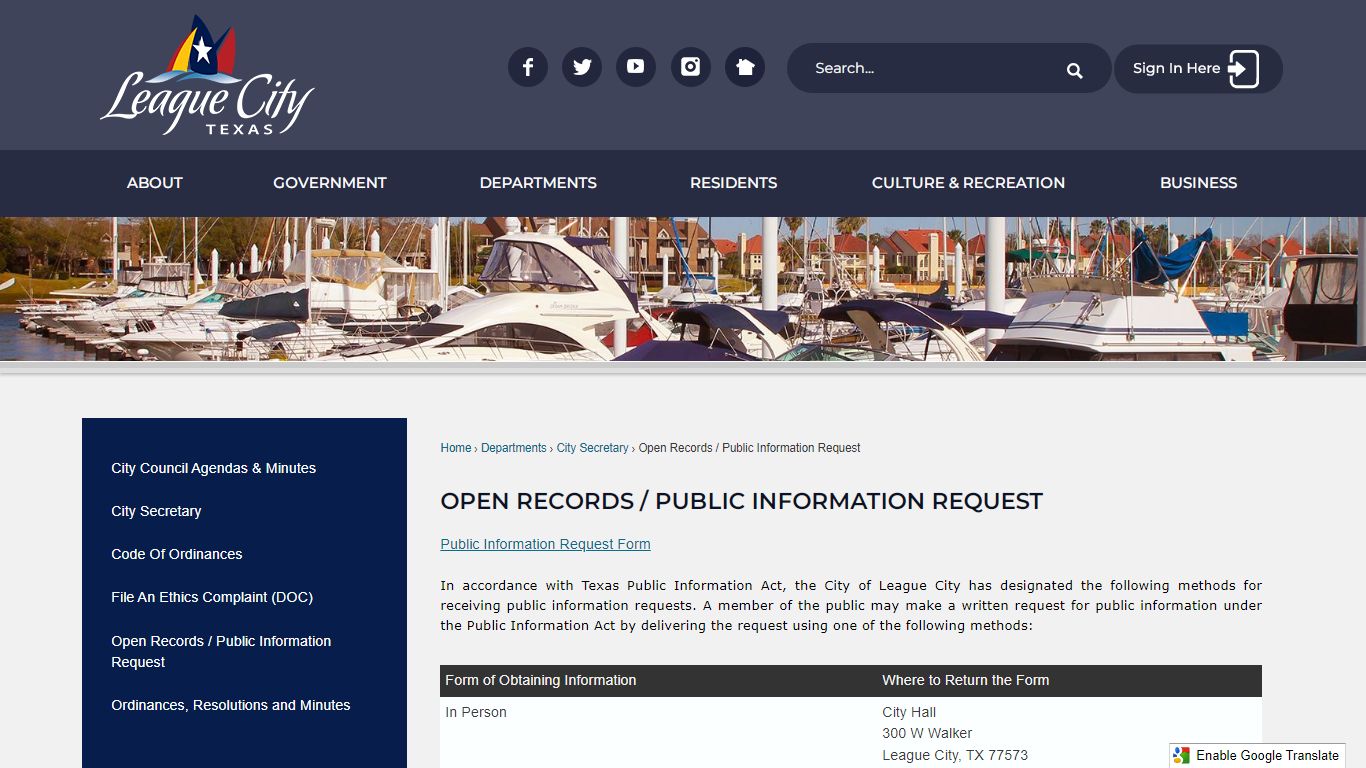 Open Records / Public Information Request - League City, Texas